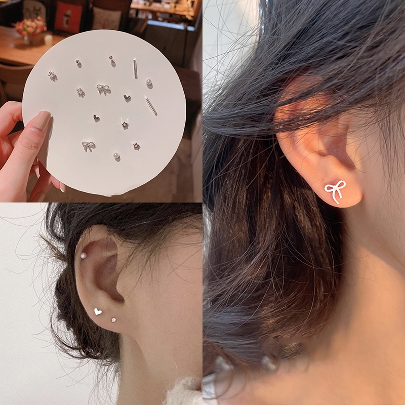 Set 7 Pasang Anting Stud Kristal Mini Desain Awan Pelangi Bahan S925 Silver Anti Alergi Untuk Wanita