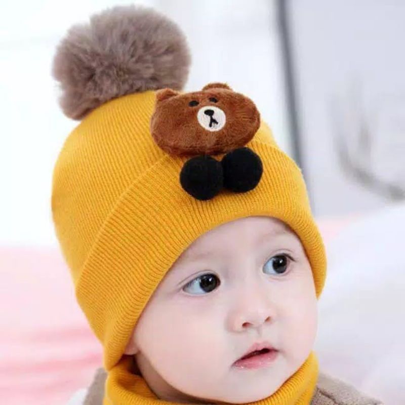 Topi Kupluk Bayi Polos Model Pompom Boneka Beruang Lucu Murah Laki Laki Perempuan Usia 0 3 6 bulan umur 1 2 3 Tahun thn