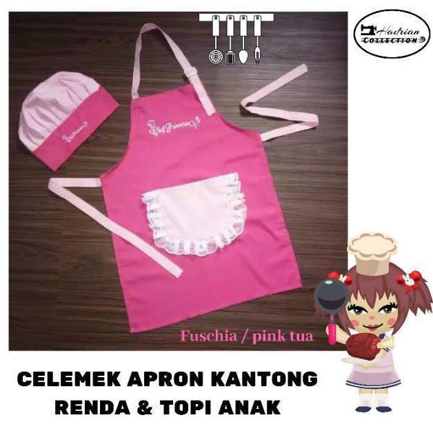 CELEMEK ANAK KANTONG RENDA DAN TOPI KOKI CELEMEK MASAK ANAK CELEMEK