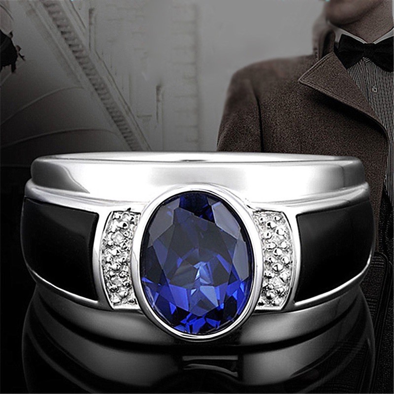 Cincin Pria Batu Blue Saphire Cubic Zirconia Akik Safir Biru Royal Warna Ring Perak List Hitam