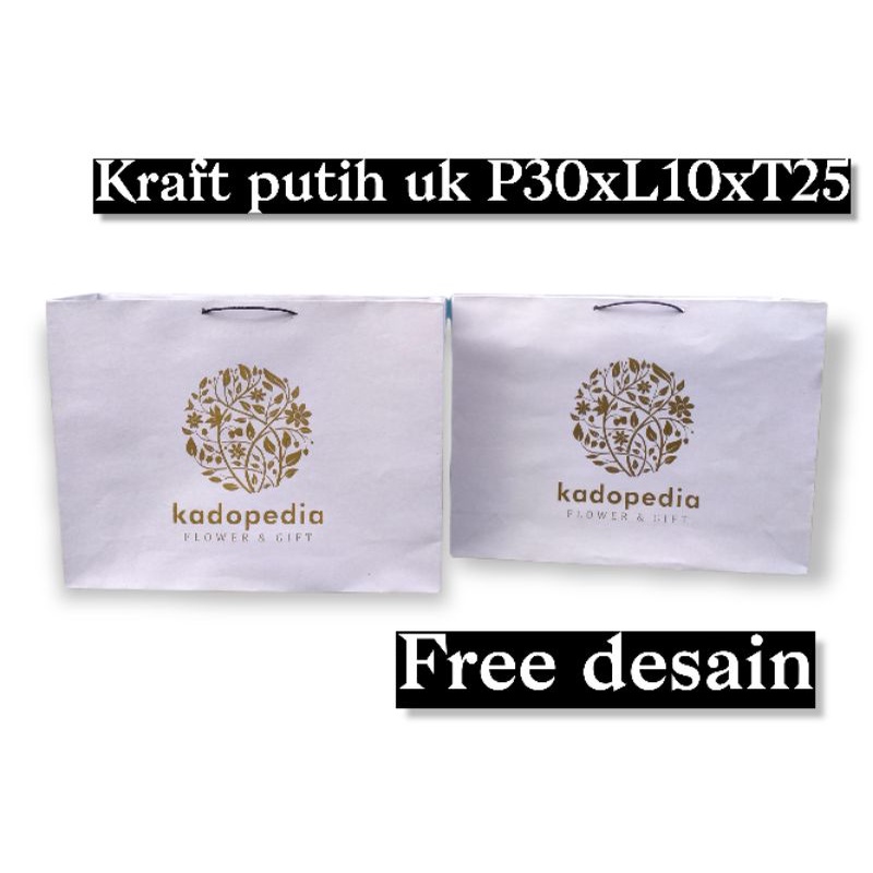 

Paperbag baju/butik kraft putih 150gsm P30 x L10 x T25 sablon free desain