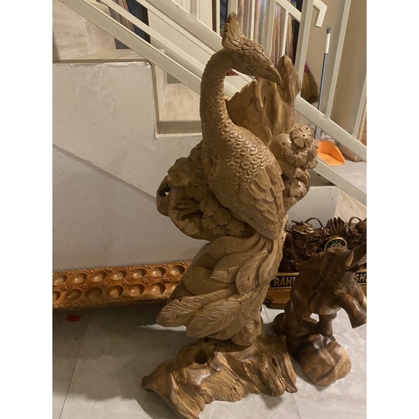 Patung hias akar kayu Jati ,burung merak kayu jati antik 110cm