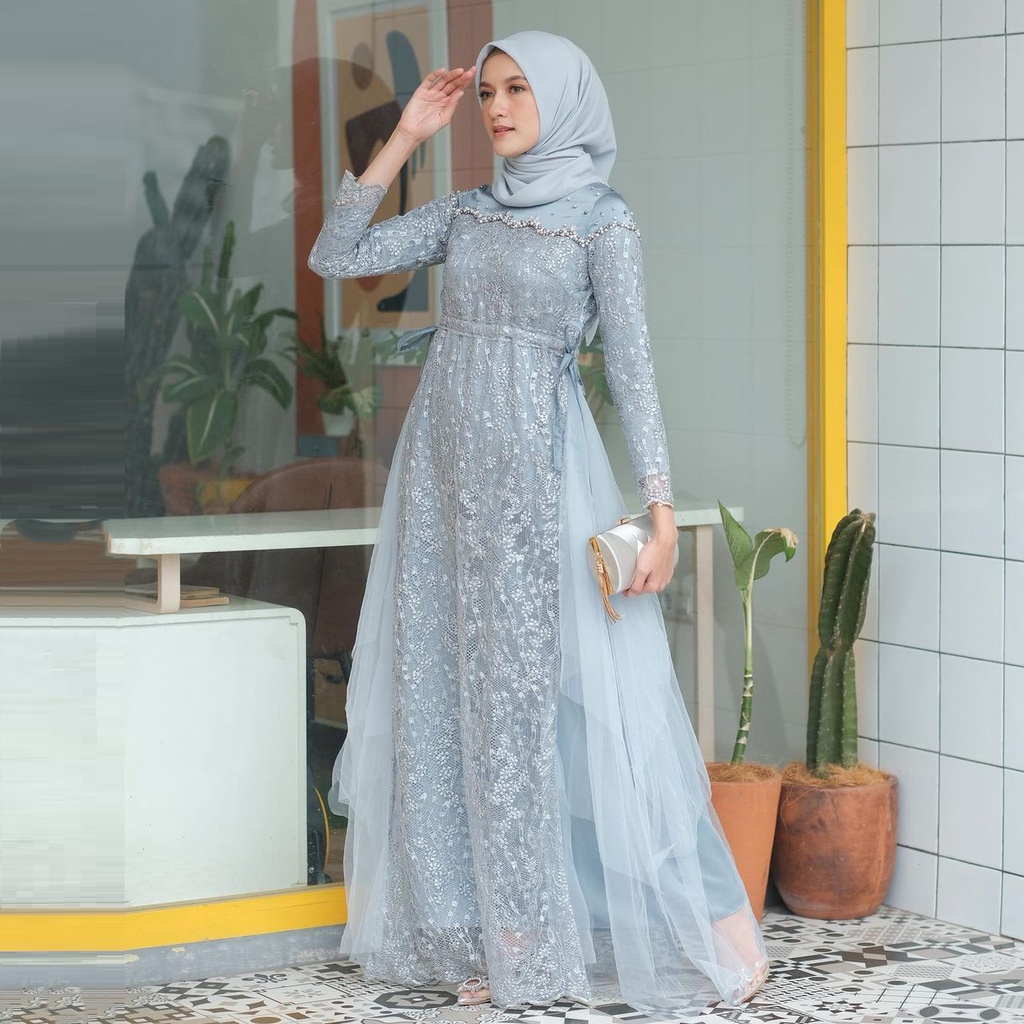 AZKANA BATIK - Gamis Brukat Maxi Dress Auliya Lengan Panjang Baju Kondangan Wanita Kekinian Dress Bridesmaid Brukat Tulle Mix Payet Mutiara Gamis Lebaran 2023