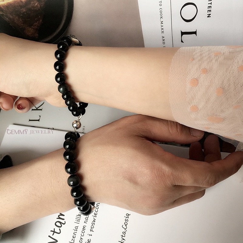 2pcs / Set Gelang Manik-Manik Obsidian Imitasi Elastis Untuk Pasangan