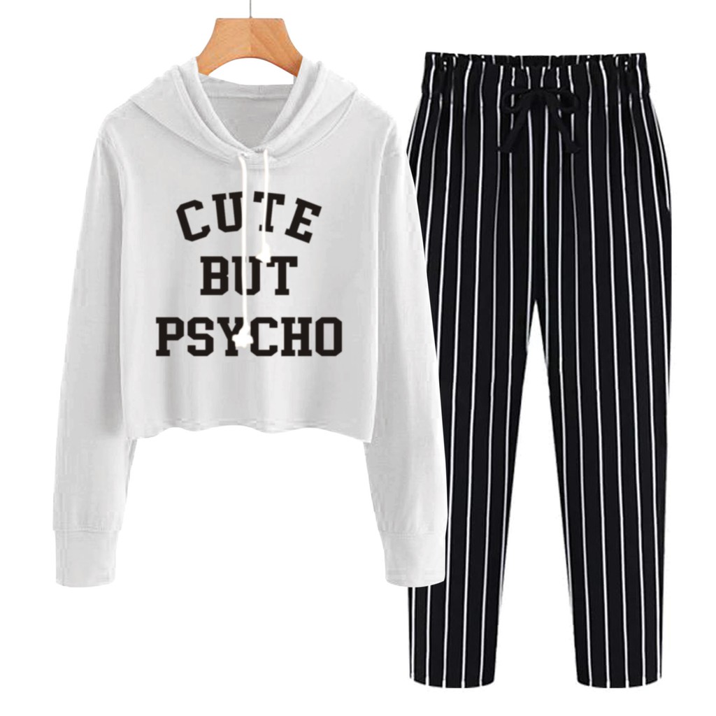 BESS - Baju Setelan Wanita Murah / Setelan Hoodie Crop + Celana Salur Hitam - CUTE BUTE PSYCHO