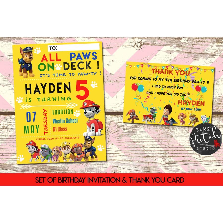 Set birthday invitation dan thank you card tema paw patrol