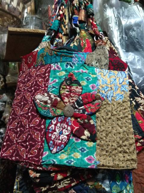 (BISA COD) TAS BATIK PERCA TALI KEPANG DENGAN BUNGA 38 x 33 cm - HAND BAG WANITA - SOUVENIR MURAH