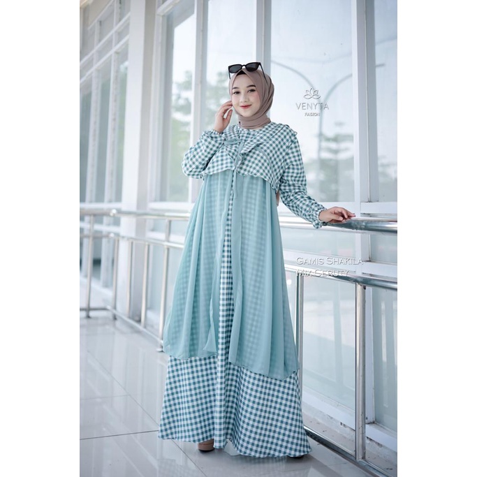 Gamis set outer 2in1 ceruty venyta elsyifa berbagai motif rara lula lulabi lulana ceruti babydoll longdress baju muslim busana muslimah modern ootd fashionable selebgram hits modis reseller dropshiper cardigan rompi baju muslim modern modis