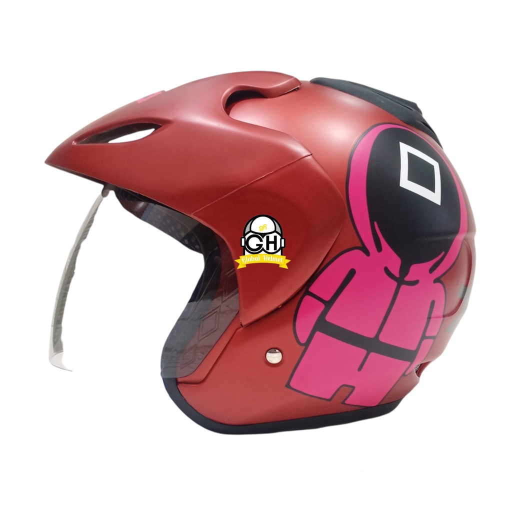 HELM HALF FACE MOTIF SQUID GAME MAROON DOP HALF FACE MURAH SNI SATU KACA