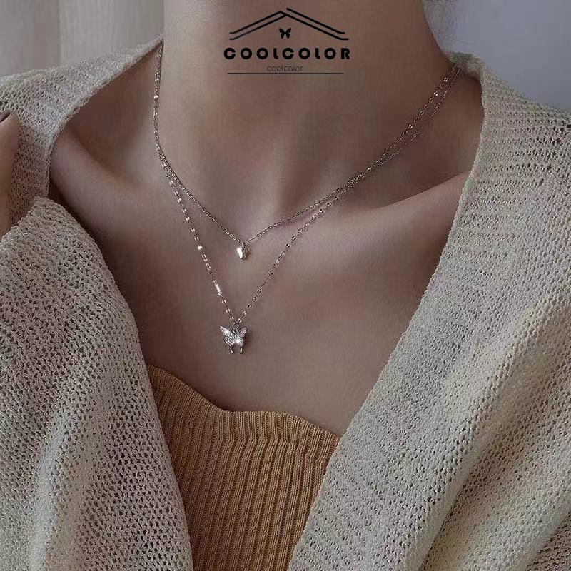 COD kalung choker rantai perak Hiasi dengan liontin kupu-kupu berbentuk hati dalam gaya Korea untuk wanita- cl