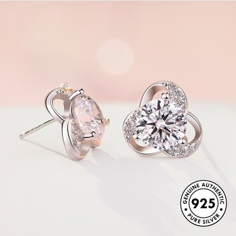 Anting Tusuk Sterling Silver 925 Desain Bunga Hias Berlian Imitasi Untuk Wanita