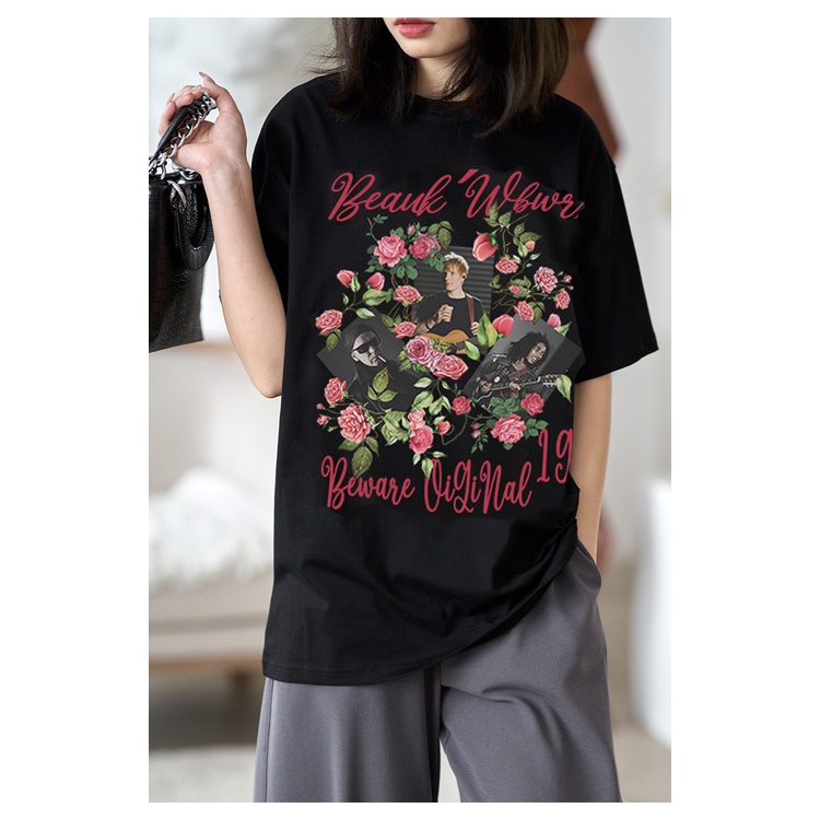 kaos hitam print unga-bunga / baju oversize wanita young korea / t shirt tee lengan pendek katun premium