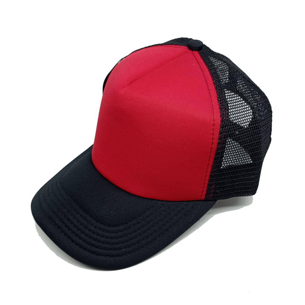 Topi Jaring Trucker Hitam-Merah-Hitam Polos Dewasa Premium