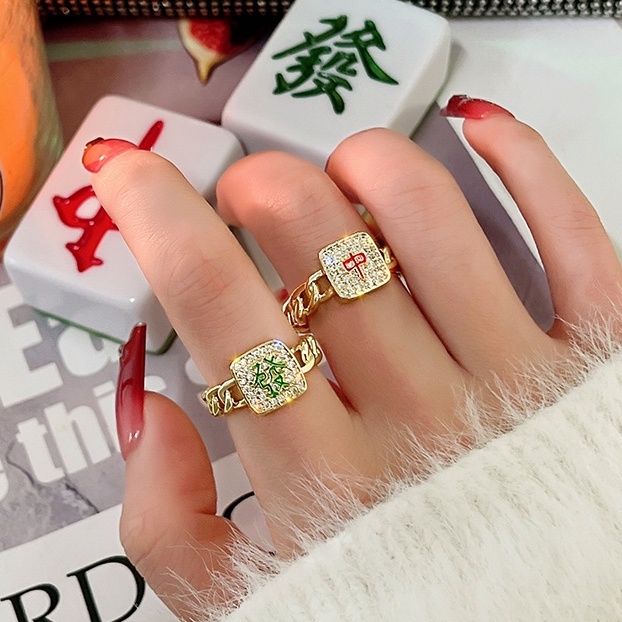 Cincin Jari Telunjuk Model Terbuka Dapat Disesuaikan Desain Mahjong Uang Merah Untuk Wanita