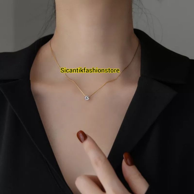 Kalung Titanium Gold Liontin Permata Bulat Kecil Mewah Anti Karat Selamanya Kalung Wanita Terbaru Terlaris Liontin Bulat Kecil Liontin Perak Permata kecil