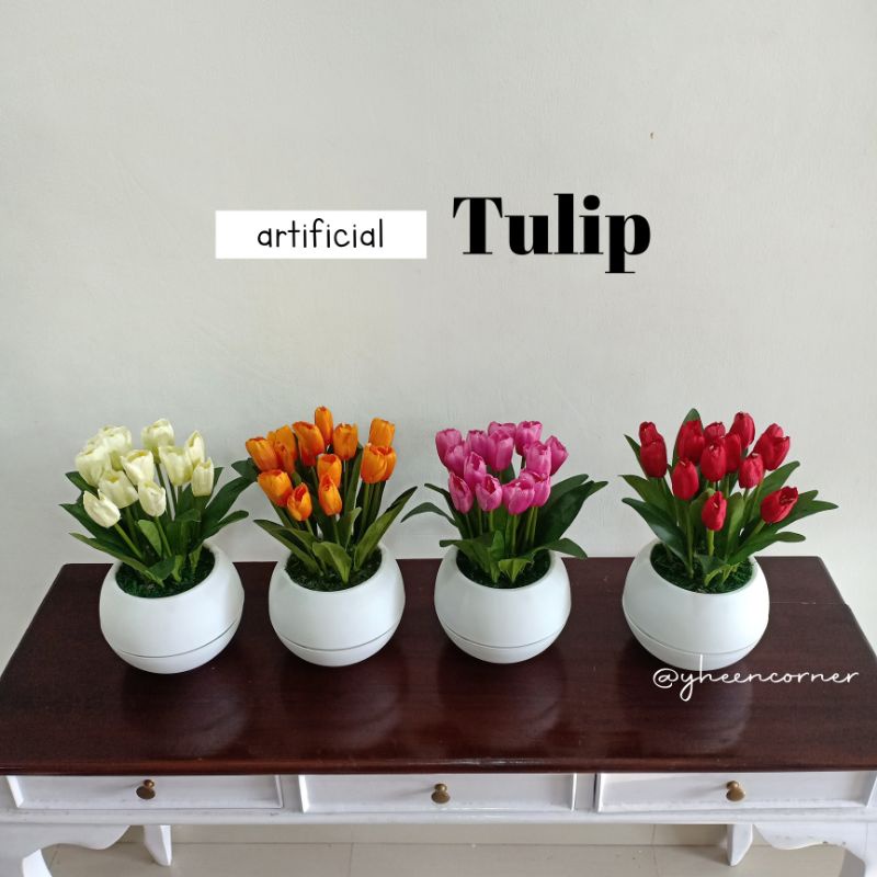 Artificial Tulip Set Vas / Bunga tulip Dengan Pot Bola Jumbo