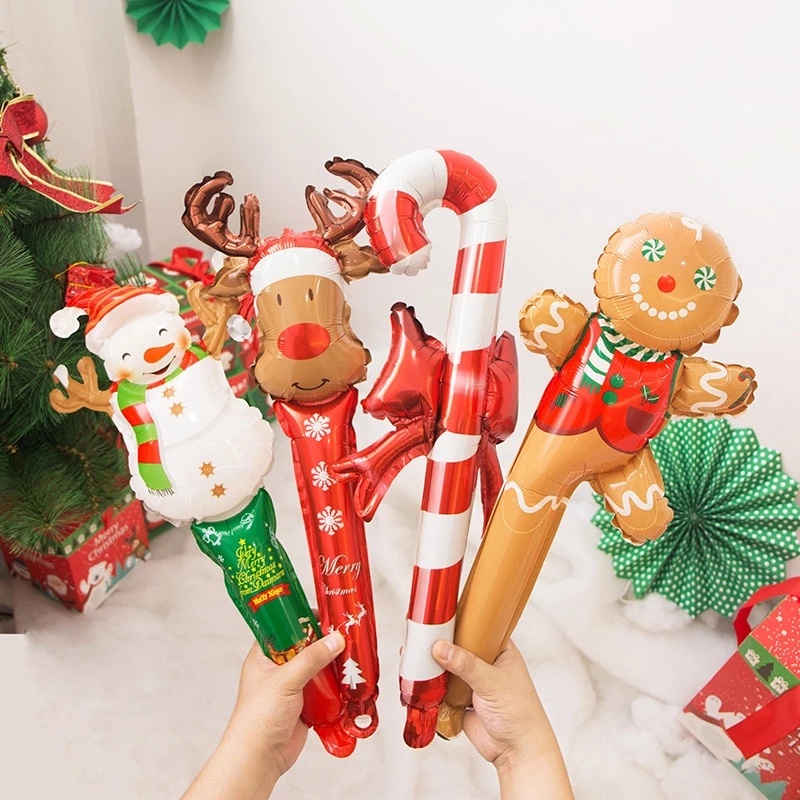 Mainan Tongkat Balon Model Tiup Bahan Aluminum Foil Desain Gingerbread Man Snowman Elk Head Natal Ukuran 24 Inci