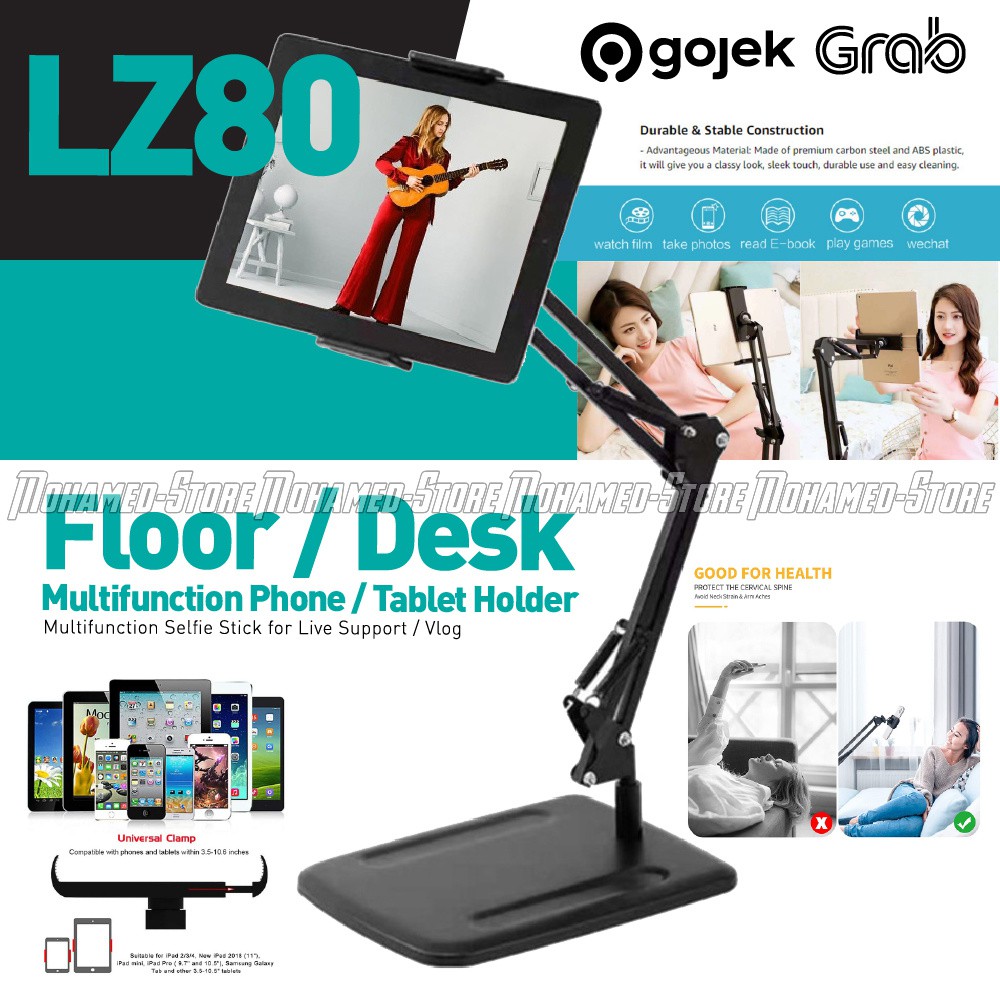 LZ80 Lazypod Besi Stand Metal for Smartphone HP / Tablet Ipad Holder 10.5" (Kasur / Meja / Lantai)