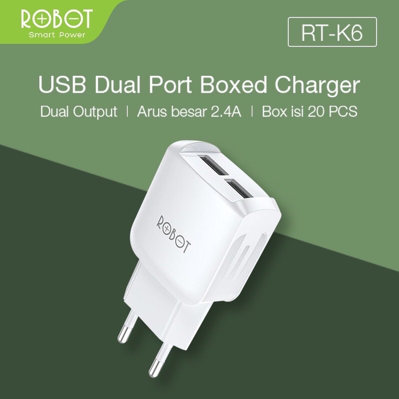 GARANSI 1 TAHUN ADAPTOR KEPALA CHARGER ROBOT RT-K6 2,4A DUAL OUTPUT