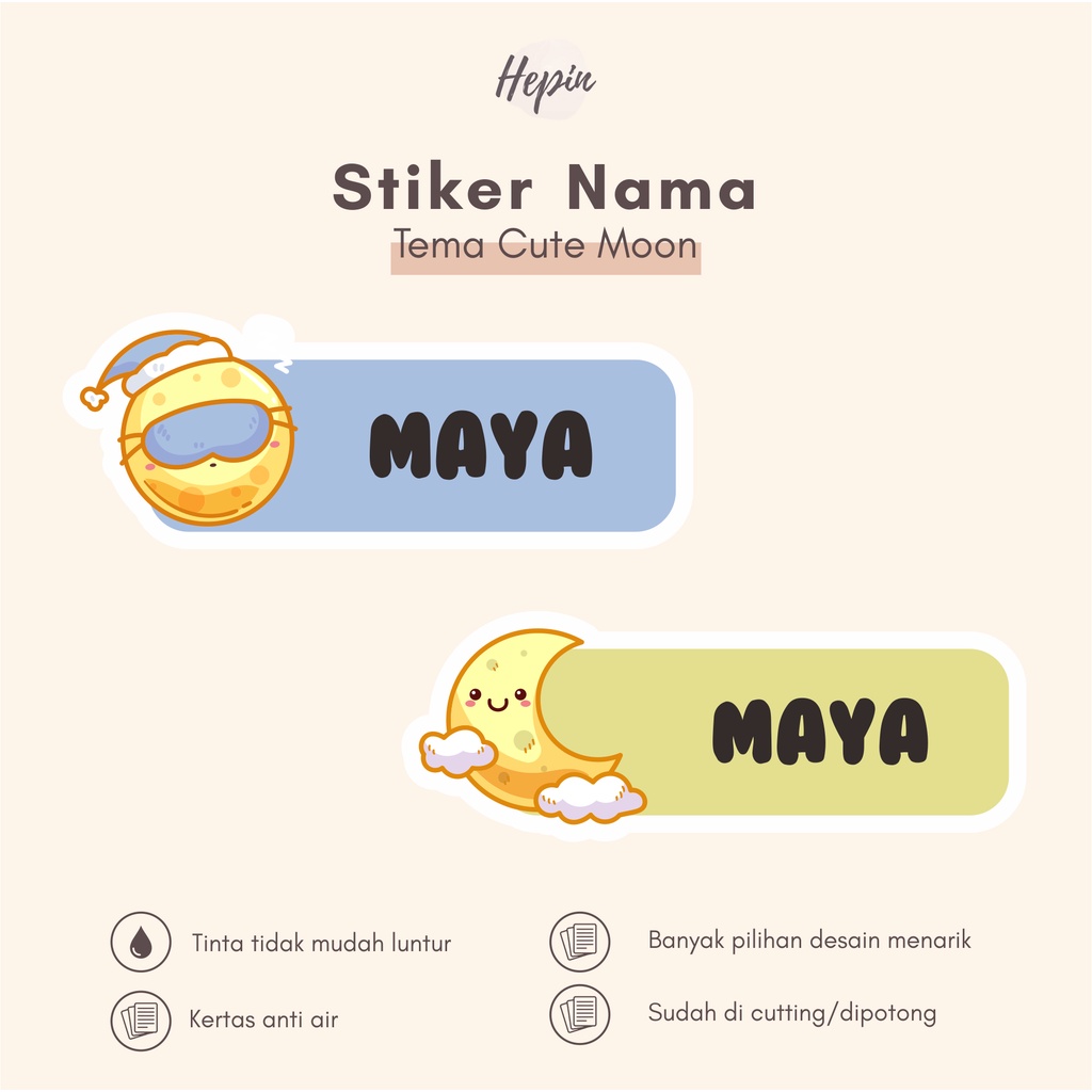 

(90 - 120 pcs) Murah Stiker nama CUTE MOON / Stiker Nama Anak Murah / Label Nama Custom waterproff
