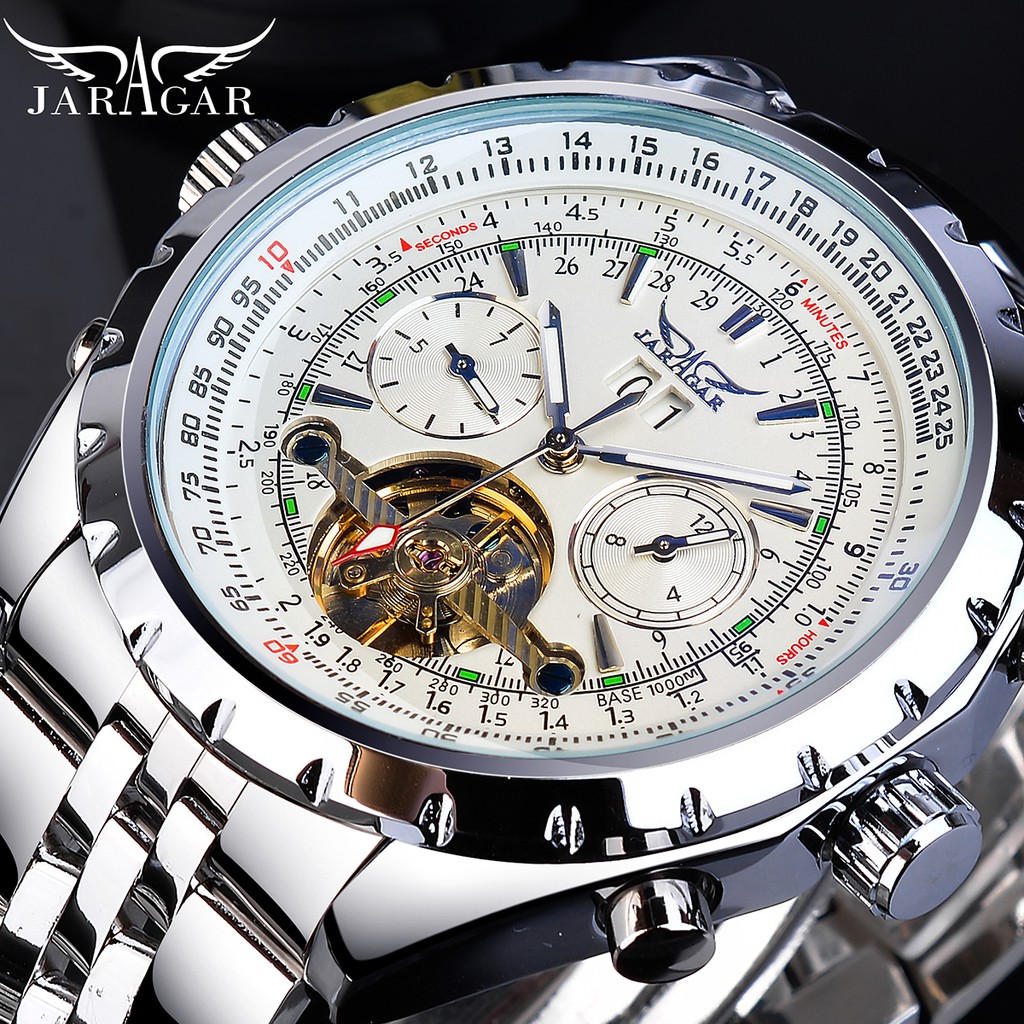 Jam tangan mekanik pria Jaragar Silver White Tourbillon Male Mechanical Watch Automatic Big Analog