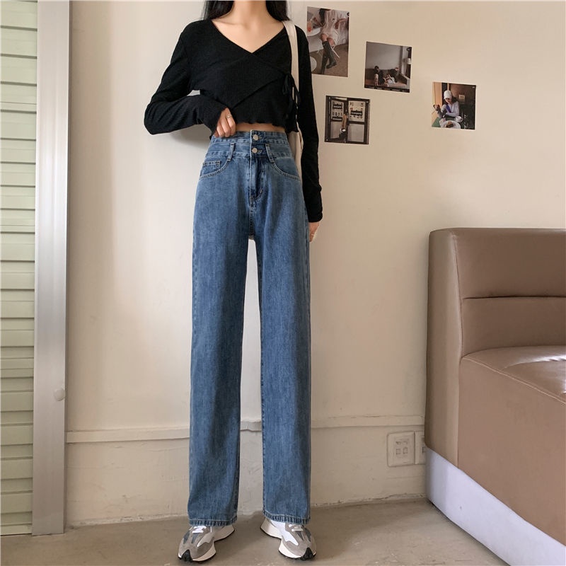 ✅COD JEANS HIGHWAIST PANTS  DENIM BLACK/BLUE/BLUE-BLACK LOOSE KOREA （Two Buttons）