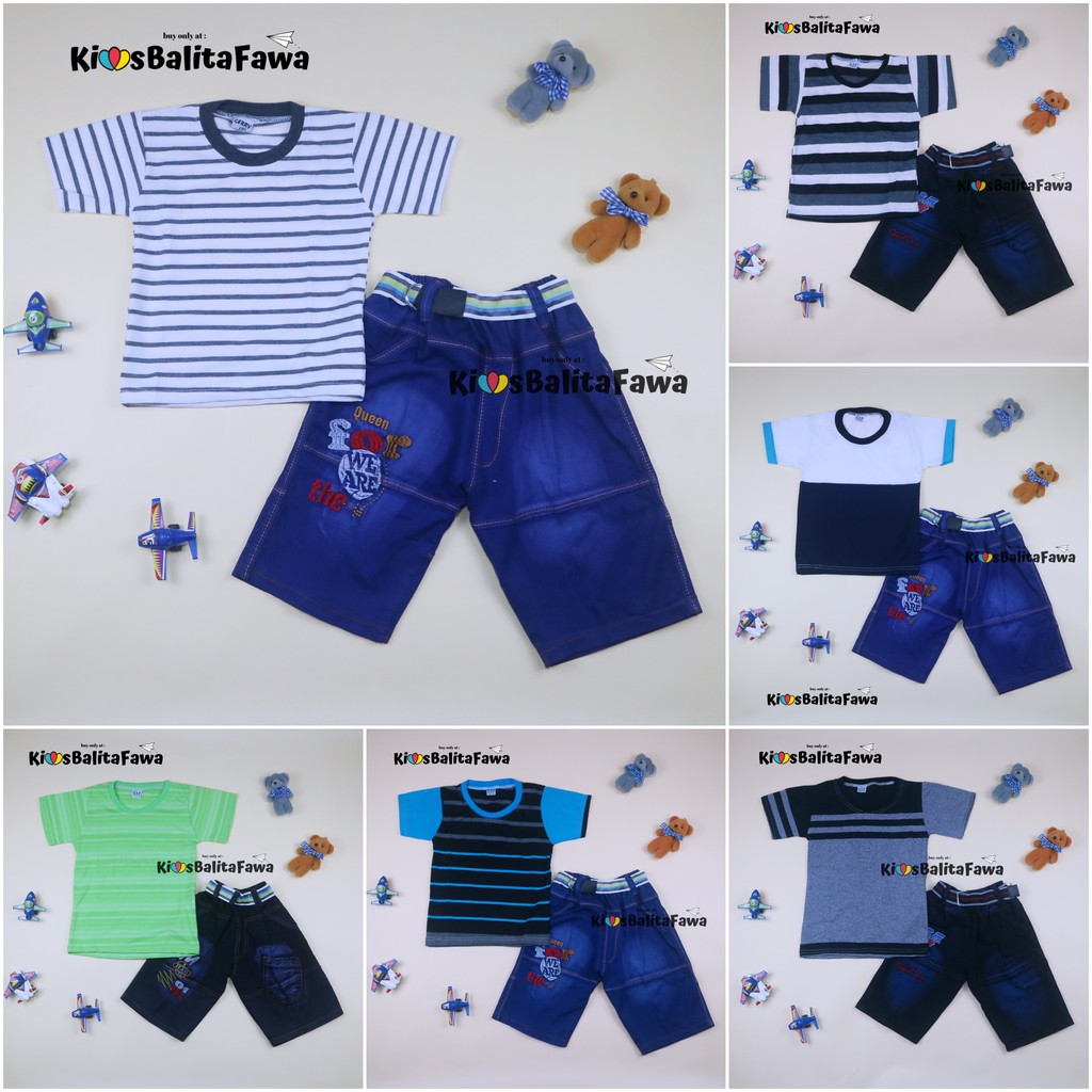 Setelan Salur Jeans uk 3-5 Tahun / Kaos Celana Jeans Anak Cowok Pendek Baju Anak Laki Murah Pakaian