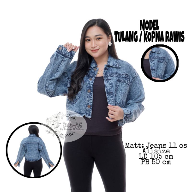 JAKET JEANS CROP RAWIS / JAKET JEANS SNOW/ JAKET JEANS WANITA - Jaket Crop Jeans Oversize Model Hija