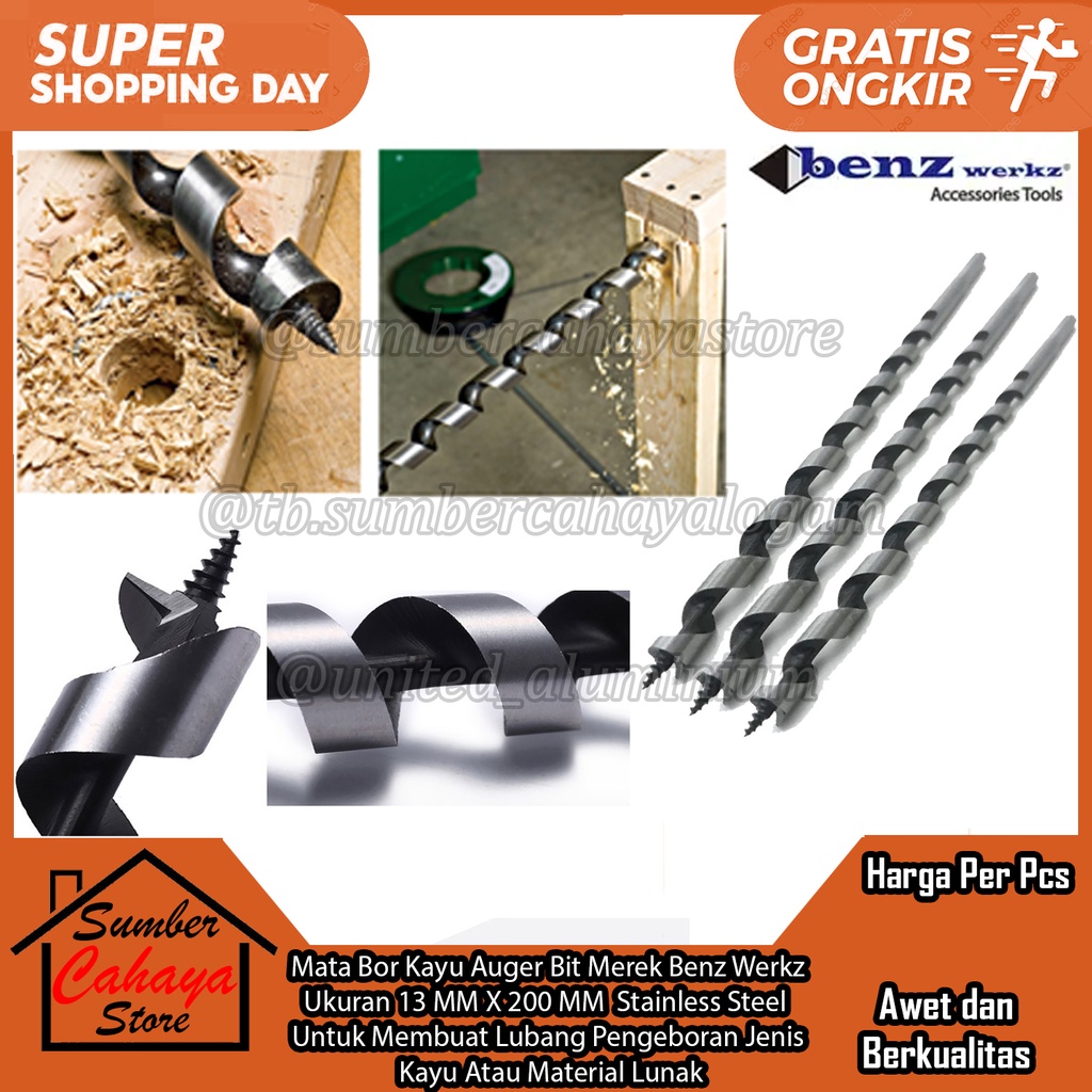 Mata Bor Kayu Ceklok Auger Bit Merek Benz Werkz  Ukuran 13 MM X 200 MM Stainless Steel Untuk Membuat