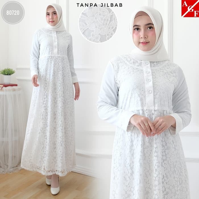 TERMURAH Pakaian Muslim gamis wanita cewe ramadhan lebaran Muslim Putih Silk Sutra #80720 STD Putih,