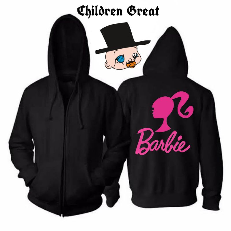 Jaket Hoodie BARBIE zipper mattel dewasa tee jacket hitam polos sweater sweatShirt katun crewneck
