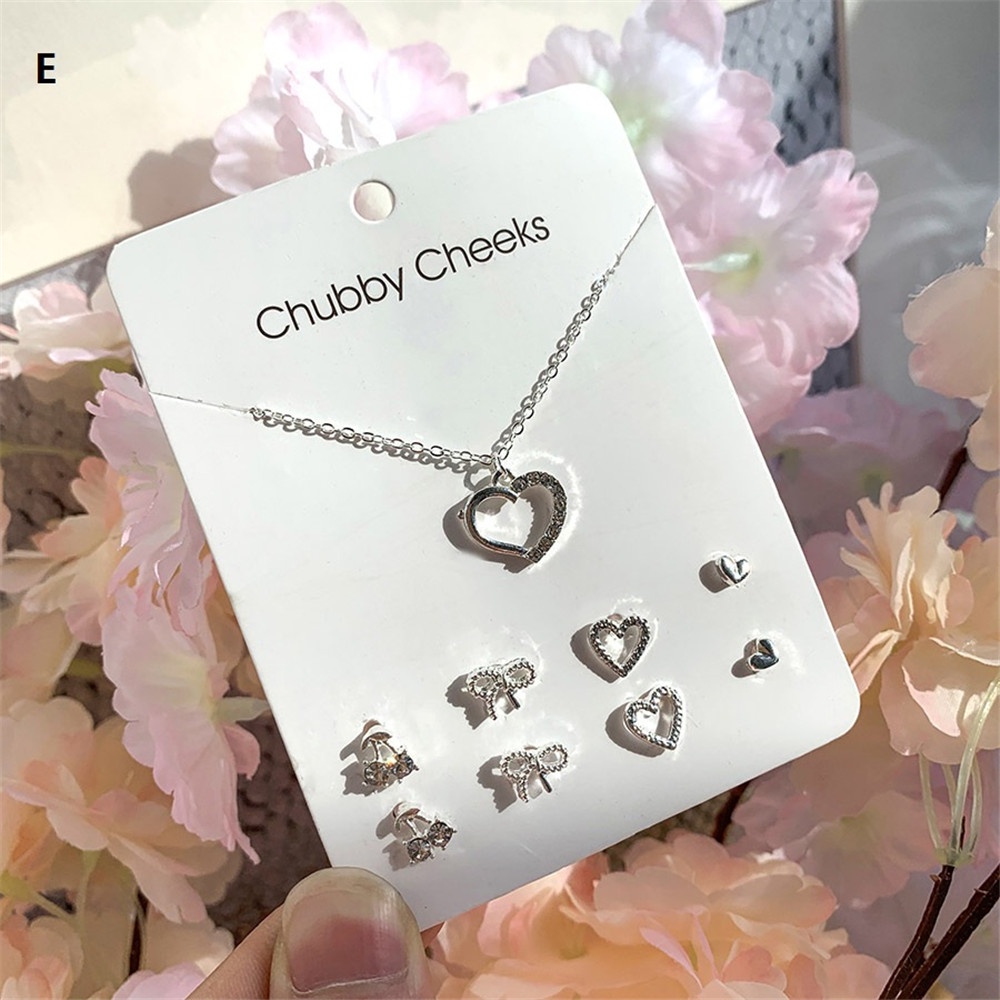 Korean Fashion Necklace and Earrings Set Card Stars Clover Flowers Snowflakes Bow Necklace Week Earring Set Jewelry