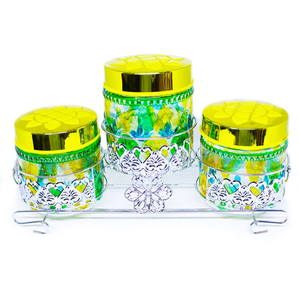 DM - Toples Kaca Mayer dan Bosch 3 in 1 Canister Motif Ukir Timbul + Rak Ukir | Toples Kaca Lebaran Hari Raya Set 3in1 Motif Timbul