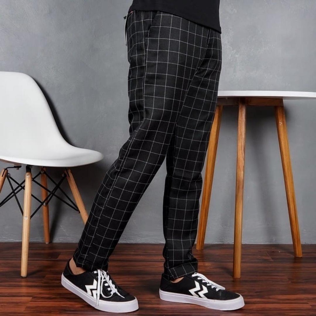 [HITAM] CELANA TARTAN PRIA PINGGANG KARET FLEKSIBEL - CELANA KOTAK KOTAK PINGGANG KOLOR ELASTIS