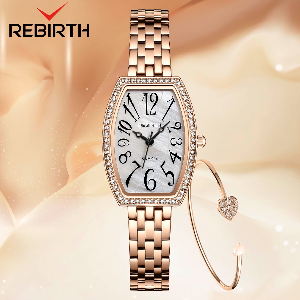 REBIRTH Jam Tangan Wanita Mode Anggun Vintage Tonneau Dial Display Tali Stainless Steel Tahan Air Kuarsa Jam Tangan Cewek