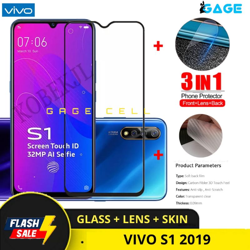 PROMO 3IN1 TEMPERED GLASS LAYAR KAMERA SKIN CARBON VIVO S1 ANTI GORES FULL SCREEN PROTECTOR