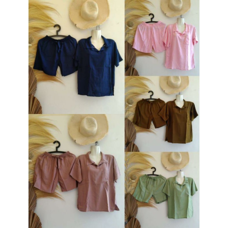 one set kerah polos celana pendek rayon bali