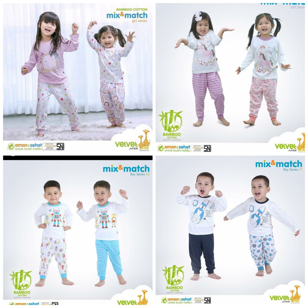 PIYAMA Anak VELVET JUNIOR Katun Bambu Mix and Match Boys and Girls size M-L-XL-2-3-4-5