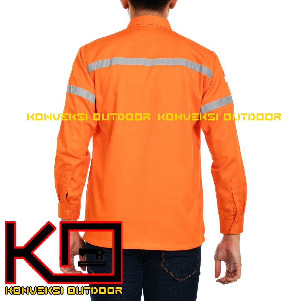 KEMEJA WEARPACK BAJU SAFETY K3 OUTDOOR INDOOR - Seragam Kemeja Kerja Lapangan Lengan Panjang Proyek Bangunan Tambang Alat Berat PLN Enginer Instalasi Mesin werpek sefti Scotlit Warna Orange Konveksi Outdoor