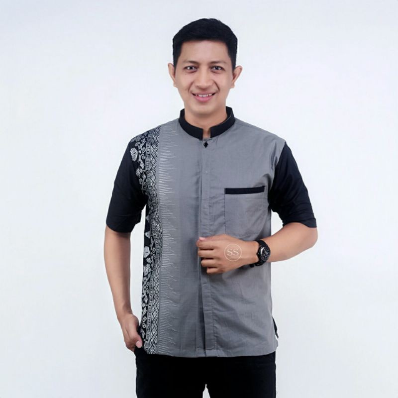 Baju Koko Lengan Pendek Pria Dewasa Motif Batik Kombinasi Bordir Bahan Katun Lembut Dan Halus