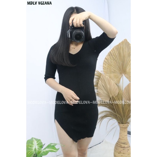 MDLV ~ V GIANNA DRESS RAJUT SLIT SAMPING DRESS BODYCON MINI DRESS RAJUT DRESS KOREA FASHION IMPORT