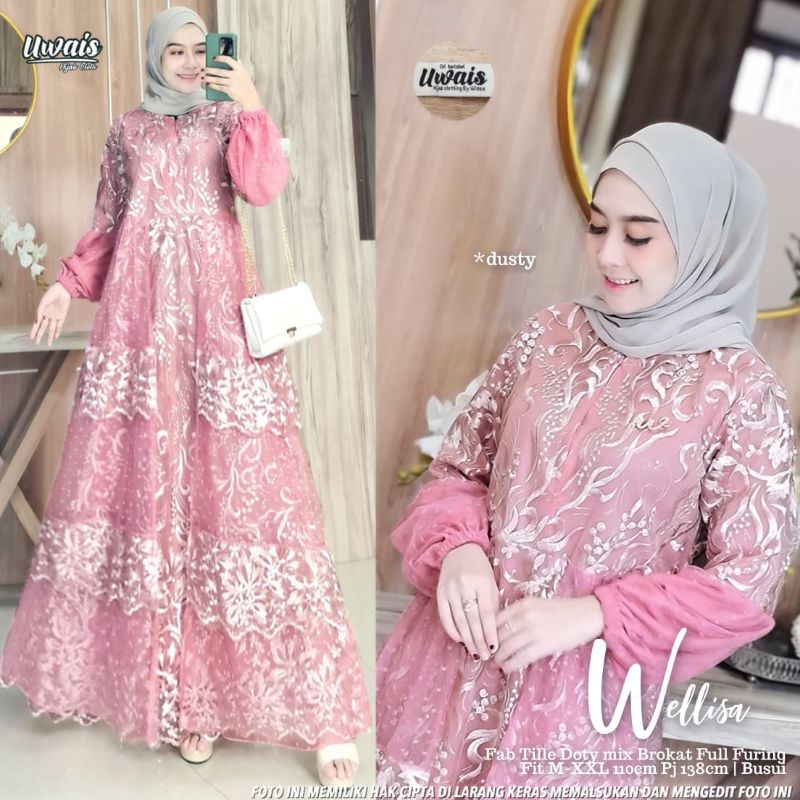 RZ - [Limited] Wellisa Dress by Uwais. Dress Brokat Tile Bordir Dotty Furing. Maxi Dress Lengan Balo
