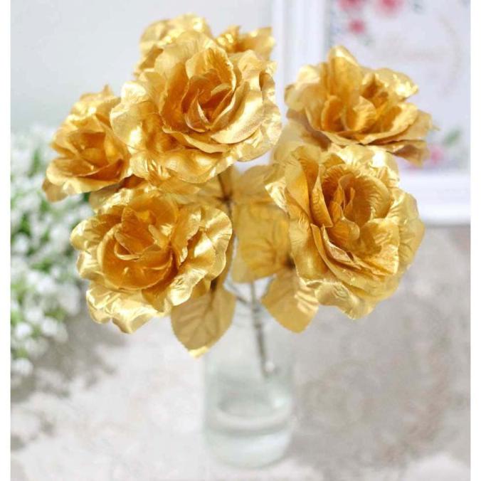 Produk Terbaik] Bunga Plastik Hiasan Artificial Flower Rose Mawar Emas Gold Golden
