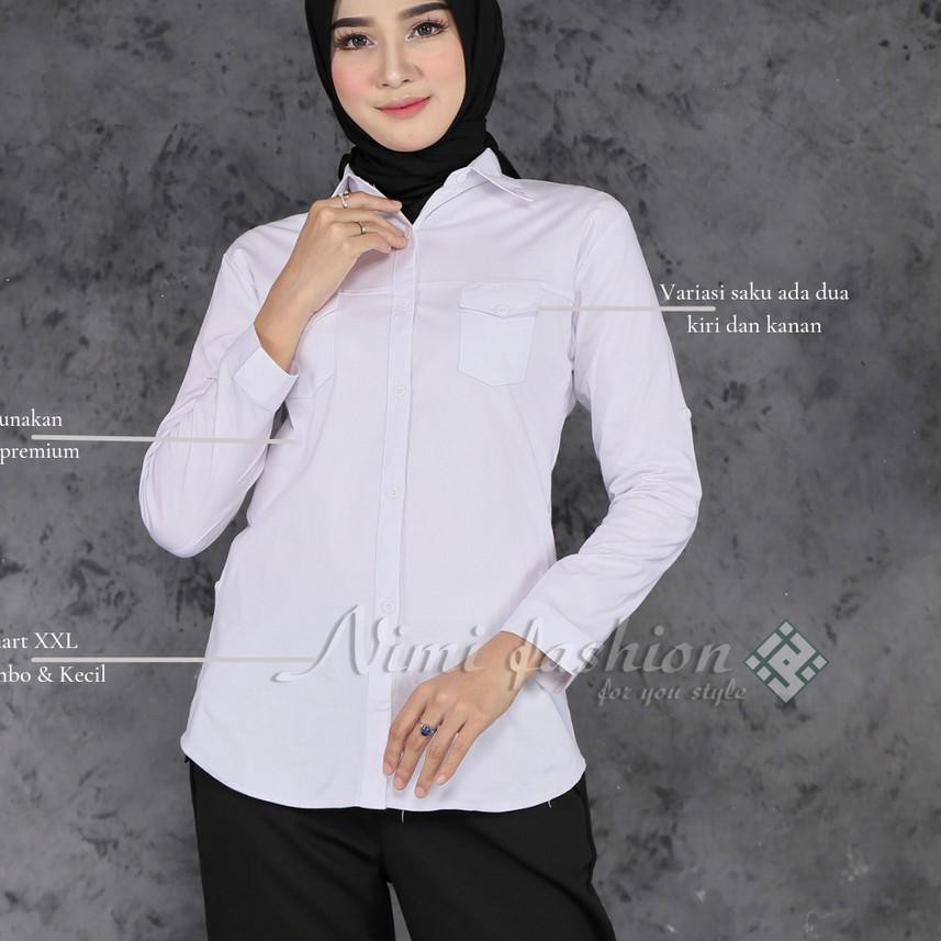 ♩ Kemeja Putih Polos Wanita Kantong dua / Kemeja Kerja Wanita Lengan Panjang / Kemeja Formal Wanita