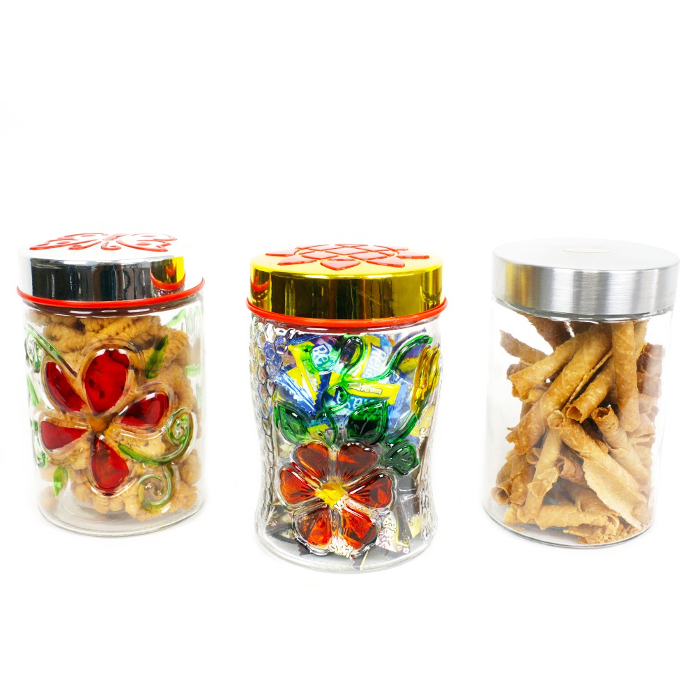 Toples Kaca / kue permen motif Bunga tutup 12cm - Random colour