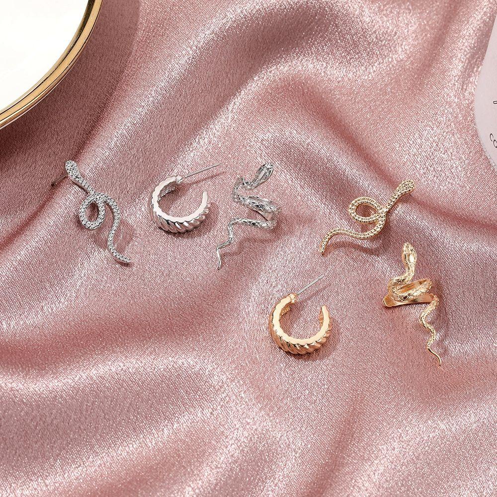 [Elegan] Anting Ular Kepribadian Geometri Sederhana French Snake Earing Clips Alloy Women Stud Earrings Anting Wanita Set