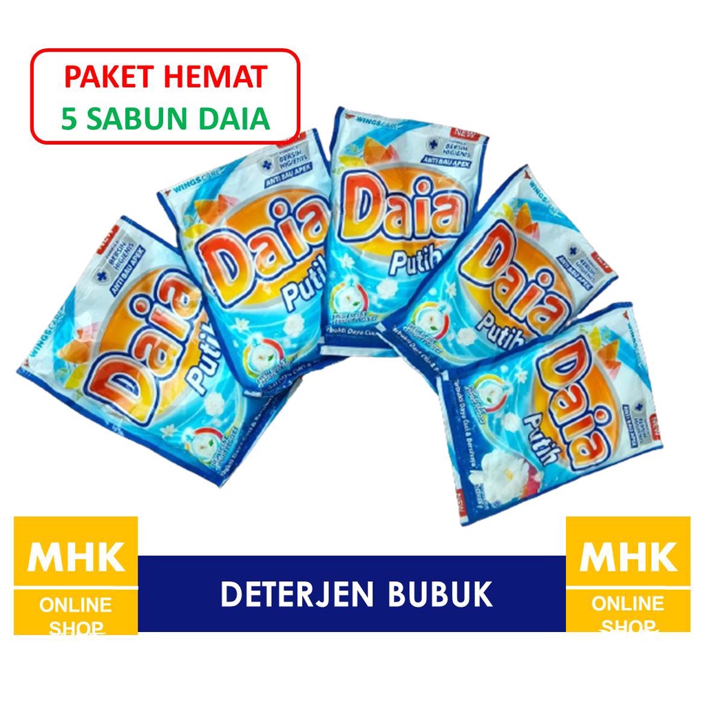 DAIA Paket Hemat 5 Daia Deterjen Bubuk Daya Powder Detergen Wings Care Anti Bau Apek Sabun Cuci 53 G