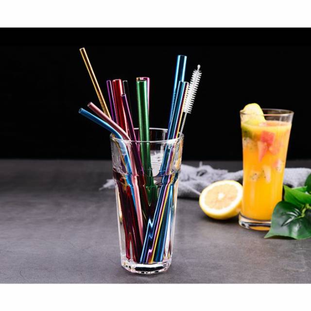 SET sedotan stainless steel straw besi bonus sarung hitam reusable - Silver