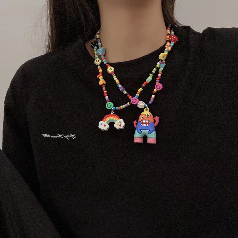 1pc Kalung Liontin Manik-Manik Kartun Kelinci Warna Pink Pelangi Gaya Hip Hop Untuk Wanita