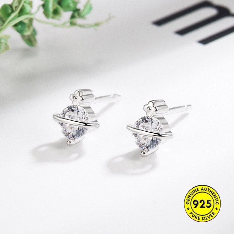 Anting Tusuk Sterling Silver Desain Planet Saturnus Mini Simple Anti Alergi Untuk Wanita